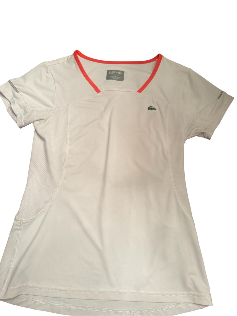 Lacoste White Short-Sleeve V-Neck Tennis Top with Coral Trim